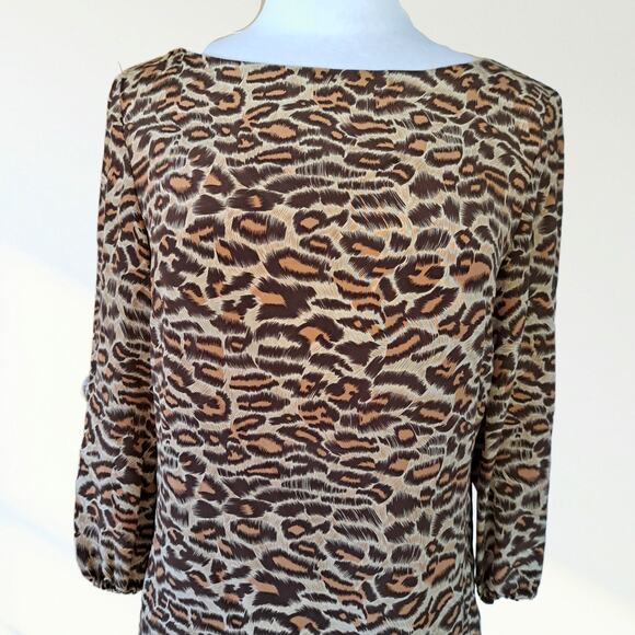 AMOUR VERT Silk Leopard Print Shift Mini Dress Size Small Tan Brown 3/4 Sleeve - Picture 4 of 8